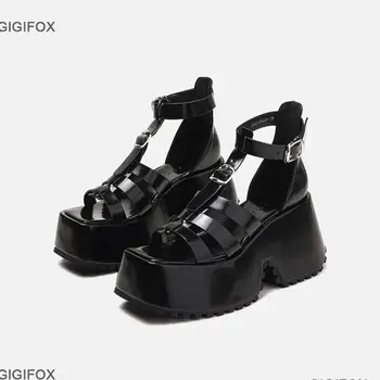 GIGIFOX Platform Sandaler Til Kvinder Denim Romerske T-Rem Mode Goth Gotiske Kile Sandaler Pink højhælede Sko Casual 