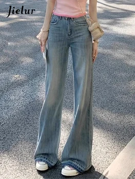 Jielur Blå Straight Høj Talje Kvinders Jeans Fuld Længde Løs Solid Color Mode Slanke Kvindelige Bred Ben Bukser, Sommer Smarte Jeans
