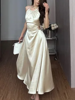Vintage Satin Midi Kjoler til Kvinder 2023 Nye Sommer fransk Fold Hule Ud Elegant Prom Mode Afslappet Slank Kvinde Tøj Robe