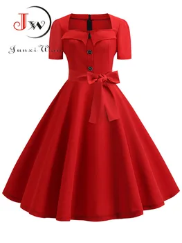 Kvinder Sommer Kjole Elegant Retro Vintage 50'erne, 60'erne Robe Rockabilly Swing Pinup Kjoler Casual Red Part Vestidos