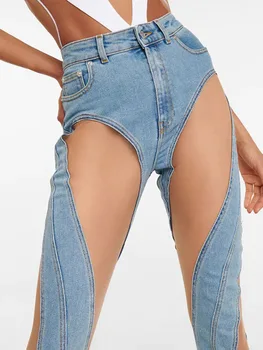 Sexet Mesh Patchwork Se Gennem Skinny Jeans for Kvinder 2023 Nye Spring Høj Talje Split-Design-Bane Denim Blyant Bukser ZN197
