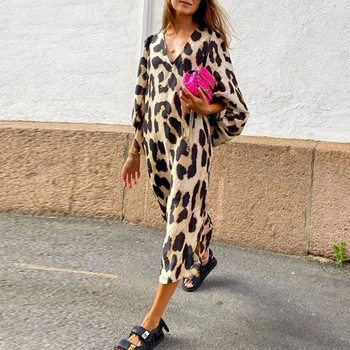 Nye V-Leder Leopard Kjole 2023 Nye Slim Løs Lanterne Ærme Lang Sexet Kjole Vestidos De Mujer