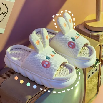 Hjem Linned Slipper for Kvinder Cute Bunny Skyer Klip-Klappere Kvindelige Design Hyggelige Sko Slides Fire Sæson Platform Par Sandaler