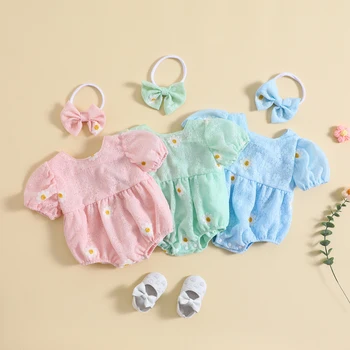 Baby Piger Sparkedragt Sæt Besætning Hals kortærmet Blomster Print Sparkedragt med Hovedbøjle Sommer Tøj