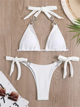 Luksus Rhinestone Bikini Kvinder Solid Hvid Halterneck Push Up Mikro Badetøj 2023 Sexet Badedragt Uafgjort Side Trekant Badetøj
