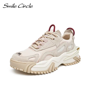 Smil Cirkel Chunky Sneakers Kvinder Fladskærms-Platform Sko Forår/Efterår Fashion-Lace-up-Tyk Bund Casual Sneakers