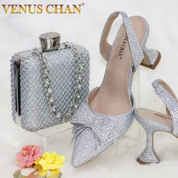 Venus Chan Nye Sølv Enkel, Strømlinet Spidse Sko Moderigtige Og Alsidige Part Damer, Sko Og Taske Sæt
