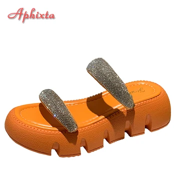 Aphixta 2023 Nye Sommer Fladskærms-Platform Orange Tøfler Kvinder Sandaler Luksus Krystaller Sko 5cm Chunky Sål Cool Dias