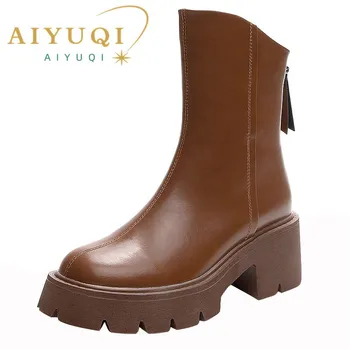 AIYUQI Kvinder Støvletter af Ægte Læder British Style Short Boots Kvinder Retro Lynlås i Ryggen Høje Hæle Vestlige Cowboy Støvler Kvinder