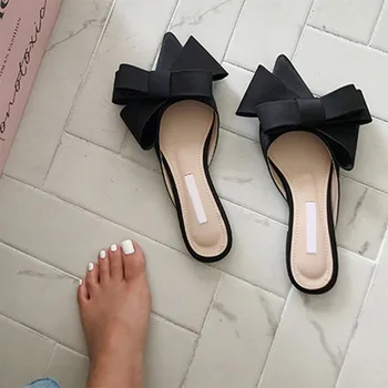 2018 foråret og sommeren kvinders sko koreanske silke satin Pegede bow tie tøfler Baotou flad hæl sæt semi tøfler