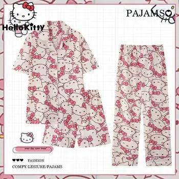 Sanrio Hello Kitty Pyjamas Sæt Kvinders Korte Ærmer, Lange Bukser Kawaii Tegnefilm 2023 Nye Forår Sommer Hjem Passer til Tre-delt Sæt
