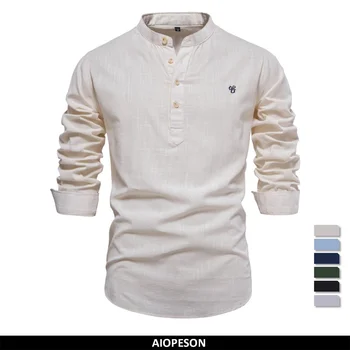 AIOPESON 100% Bomuld Broderi Stå Krave Mænds Shirts ensfarvet langærmet t-Shirts til Mænd New Spring Fashion Shirts til Mænd
