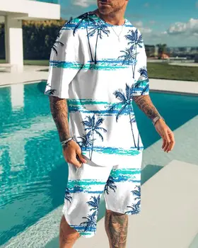 Sommer Strand Outfits T-shirt Sæt Hawaii Mænd Træningsdragt, 2 Stykke Kokosnød Træ Kort Ærme Passer til Afslappede Fashion Ferie Essentials