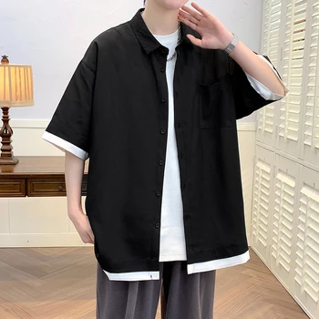 Fortalte Fortælling Falske-to Stykke, Casual Skjorter Mænd Plus Størrelse 5XL koreansk Mode Patchwork-Shirt Løs Smuk High Street Blousee