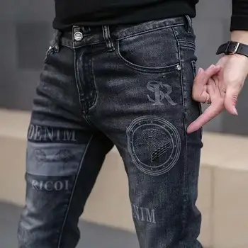 High-End Stilfulde, Klassiske Karakteristisk Trykt Sort Stretch Denim Jeans til Mænd af Høj Kvalitet, Slim-Fit Stretch Luxury Denim Bukser