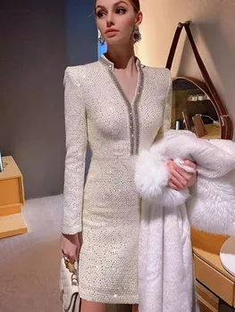 HIGH STREET Nyeste 2023 Mode Stilfulde Designer Kvinders Tweed V-Hals Monteret Kjole