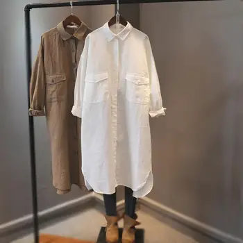 2022 Kvinder Løs Langærmet Toppe Casual Bluser, Hvid Skjorte Forår Sommer Mellemlang Lang Elegant Bluse Streetwear Mode