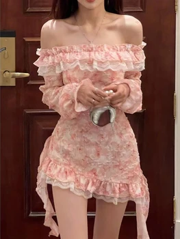 2023 Sommer Blomster Kawaii Fairy Mini Kjole Kvinder Korea Søde Lolita Part Blomstret Kjole Elegante Kjoler Kvindelige Sexet Off Skulder