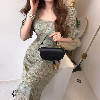 2021 Kjoler Smarte Koreanske Blid Slanke Wrap Hip-Pladsen Hals Chiffon Floral Dress Kvinder Puff Plisserede Ærmer Lace Up Vintage