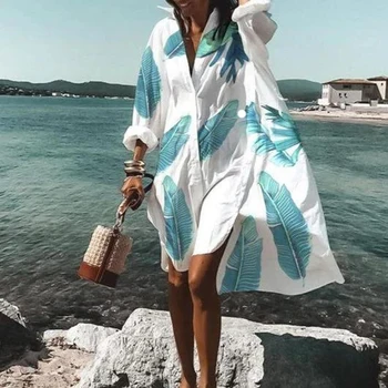 Forår Sommer Kvinder, Løs Skjorte Kjole Afslappet Langærmet Trykt V Neck Beach Shirt Kjoler