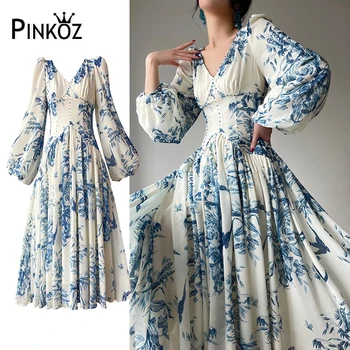 Pinkoz kvinder vintage vestidos v-hals lanterne ærme A-linje part midi kjoler blå og hvid luksus perlebesat foråret kjoler trafik