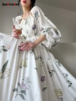 Aotvotee Mode Print Kjole til Kvinder 2023 fransk Stil Lanterne Ærme Halvdel Åben Krave Midi Kjole Elegant Løs Vintage Kjole