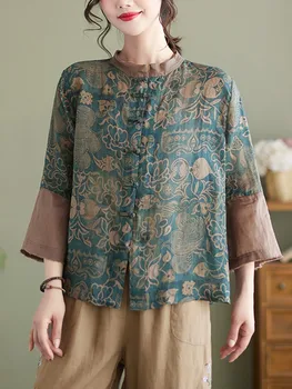 Kvinder Sommeren Casual Skjorter Nye Ankomst 2022 Vintage Stil, Indien Folkelig Stil Vintage Print Løse Overdele Shirt B1837