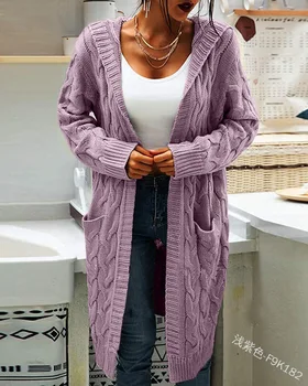 2023 Kvinder Sweater Mid-Længde Kvinders Overfrakke Cardigan Solid Farve Snoet Hætte Strikket Åbne Løs Trøjer