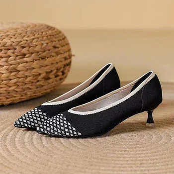 2023 nye høje hæle kvinder sko foråret og efteråret pegede tynd hæle strikket fashionable åndbar, non-slip professionelle sko