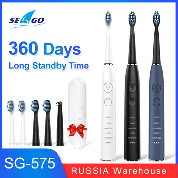 Seago Elektriske Sonisk Tandbørste 360 Dage Lang Standby Tid Vandtæt USB-Genopladelige med 5 Børste Hoveder SG575