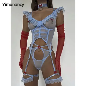Yimunancy Bue Ruched Undertøj Sæt Kvinder Mode Off Skulder Erotisk Sæt 4-Piece Kort Retstrik Kit