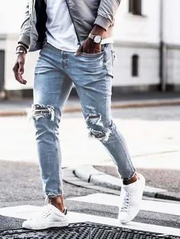 Mænd Jeans Streetwear Knæ Rippet Tynde Hip Hop Mode Estroyed Hul Bukser Solid Farve Mandlige Strække Casual Denim Store Bukser
