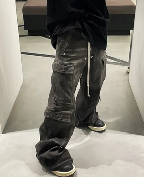 RO Flare Denim Jeans Vaskes Grå Gradient Multi-Lomme Kran Bukser Lige Afslappet Snøre Loose Jeans