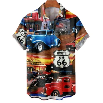 Hawaiian Nye Mænds Shirt Route 66 Street Klassiske 3d Trykt kortærmet Tee Rock Musik Revers Plus Size Mand Top Vintage Tøj