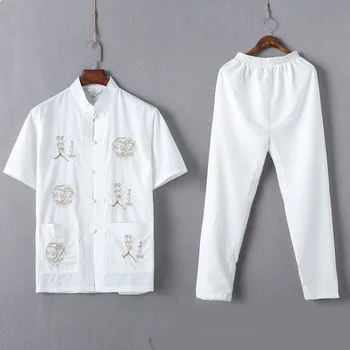 Casual Mandarin Collar Kortærmet Shirt&Bukser Til Mænd Orientalske Mandlige Dragon Tang Passer Traditionel Kinesisk Kung Fu Tøj