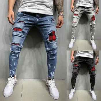 2023 Mode Mænd Jeans Streetwear Knæ Hul Rippet Strække Tynde Denim Bukser Efterår Sommer Jeans til Mænd Jogger Bukser, Slim Fit