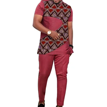 Sommeren Mænds Rød Stribe Passer Korte Ærmer Sæt Patchwork Toppe Med Bukser Mandlige Nigerianske Mode Design Afrikanske Gommen Party Outfits