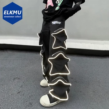 Reflekterende Star Bukser Lommer Fashion Streetwear Taktiske Bukser Hip Hop Harajuku Løs Cargo Bukser Baggy Bukser Sort Hvid