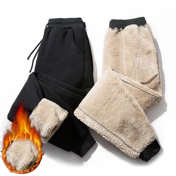 Mænd Fleece Varm Cargo Bukser Plus Size Løs Print Plys Termisk Snor Bukser 2022 Efterår Og Vinter Sport Outwear Sweatpants