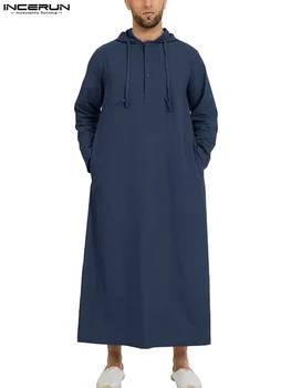 INCERUN Islamiske Jubba Thobe langærmet Kjole Shirts, Hættetrøjer Saudi-Arabiske Kaftan Lang Jubba Thobe Hombre Muslimske Mænd Abaya Tøj