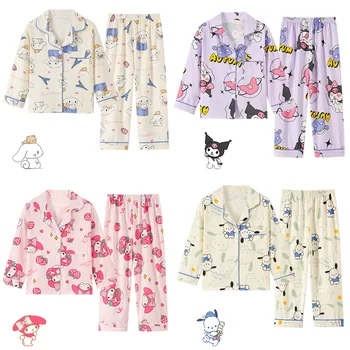 Kawaii Sanrio Cinnamoroll Kuromi Min Melodi Børn Pyjamas Efterår Sommer med Lange Ærmer til Børn Øverste og Nederste Sæt Loungewear Gave