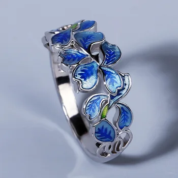 Sterling Silver Lady Flower Ring 925 Sølv Belagt Elegante Blå Blad Ring Hvid CZ Mode Smykker Håndlavet Emalje Smykker