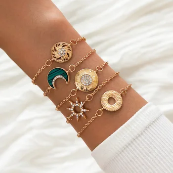 Boho Kvinder Sun Moon-Armbånd-Guld Sæt Farve Krystal Runde Cirkel Charme Og Kæde Armbånd Kvindelige Smykker Gave