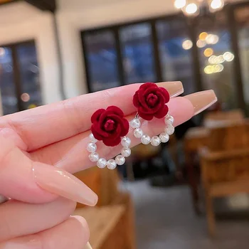 Europæiske og Amerikanske Mode 925Silver Nål Rød Rose Blomst Strømmer Stud Øreringe til Kvinder Perle Øreringe Bryllup Smykker