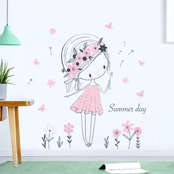 Smuk Sommer Pige Wall Stickers Til Pige Barn Værelses Hjem Dekoration Tapet Søde Lyserøde Serie Forskønne Indretning Decals